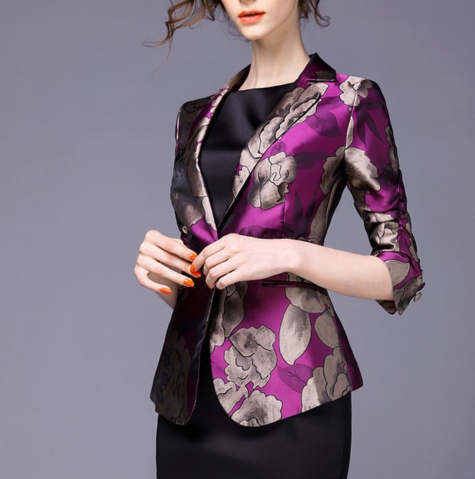2015新款高端提花小西装 大码时尚印花女式西装 七分袖欧美小西装