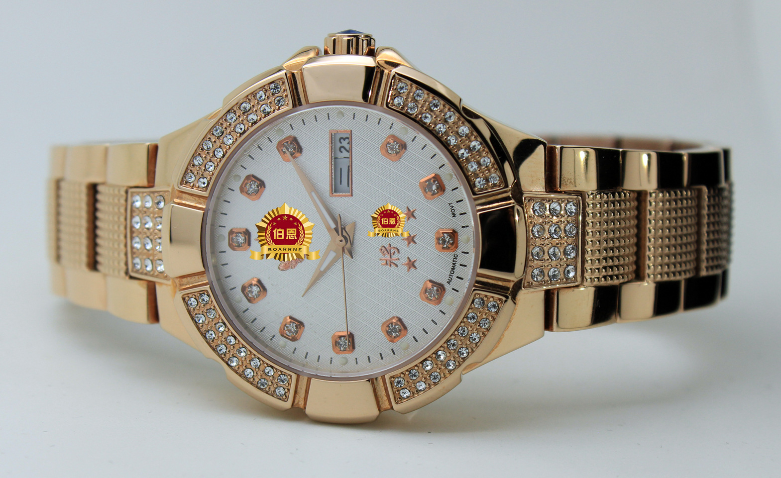 伯恩将军表 全钢自动机械双历玫瑰金蓝宝石镶钻防水手表厂家直销