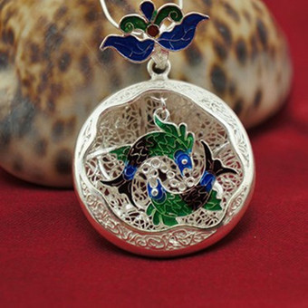 s999银项坠吊坠 原创民族风银坠子双鲤戏水 纯手工拉丝掐丝银饰