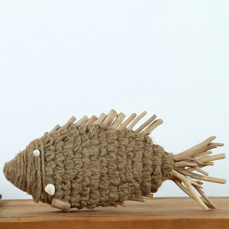 漂流木 纯手工创意礼品木质工艺品麻绳鱼摆件家居客厅摆设批发