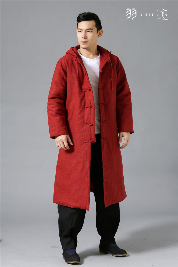 2020秋冬男装 中式盘扣对襟长款唐装棉衣连帽亚麻加厚男棉袄 批发