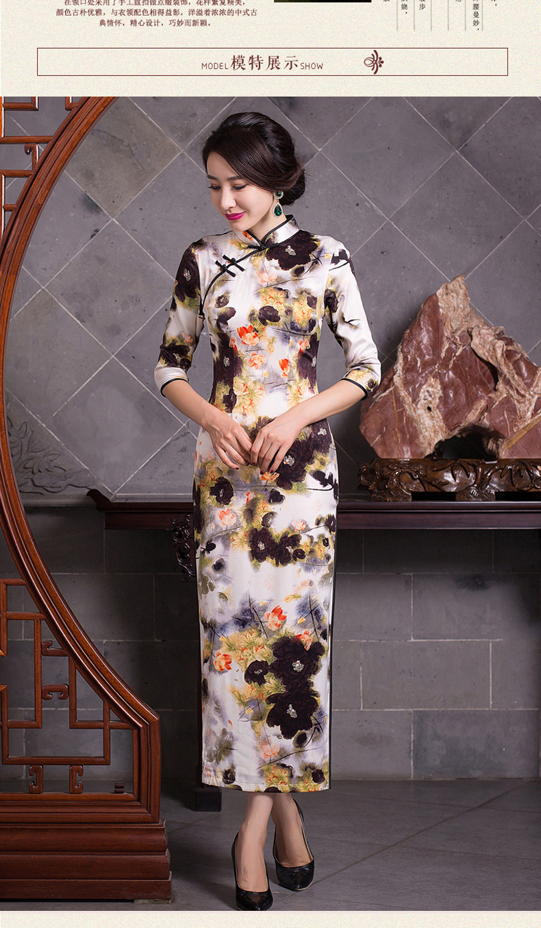 2015新款秋季日常复古改良时尚修身旗袍 长款丝绸旗袍连衣裙批发
