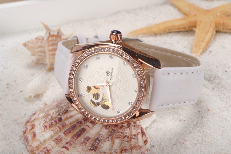 正品瑞士monica全自动机械表镂空真皮表带 时尚高档女士手表 - 居家