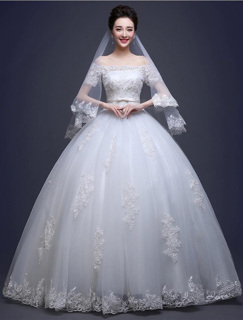 婚纱新款201夏季蕾丝新娘婚纱双肩结婚婚纱齐地一字肩婚纱