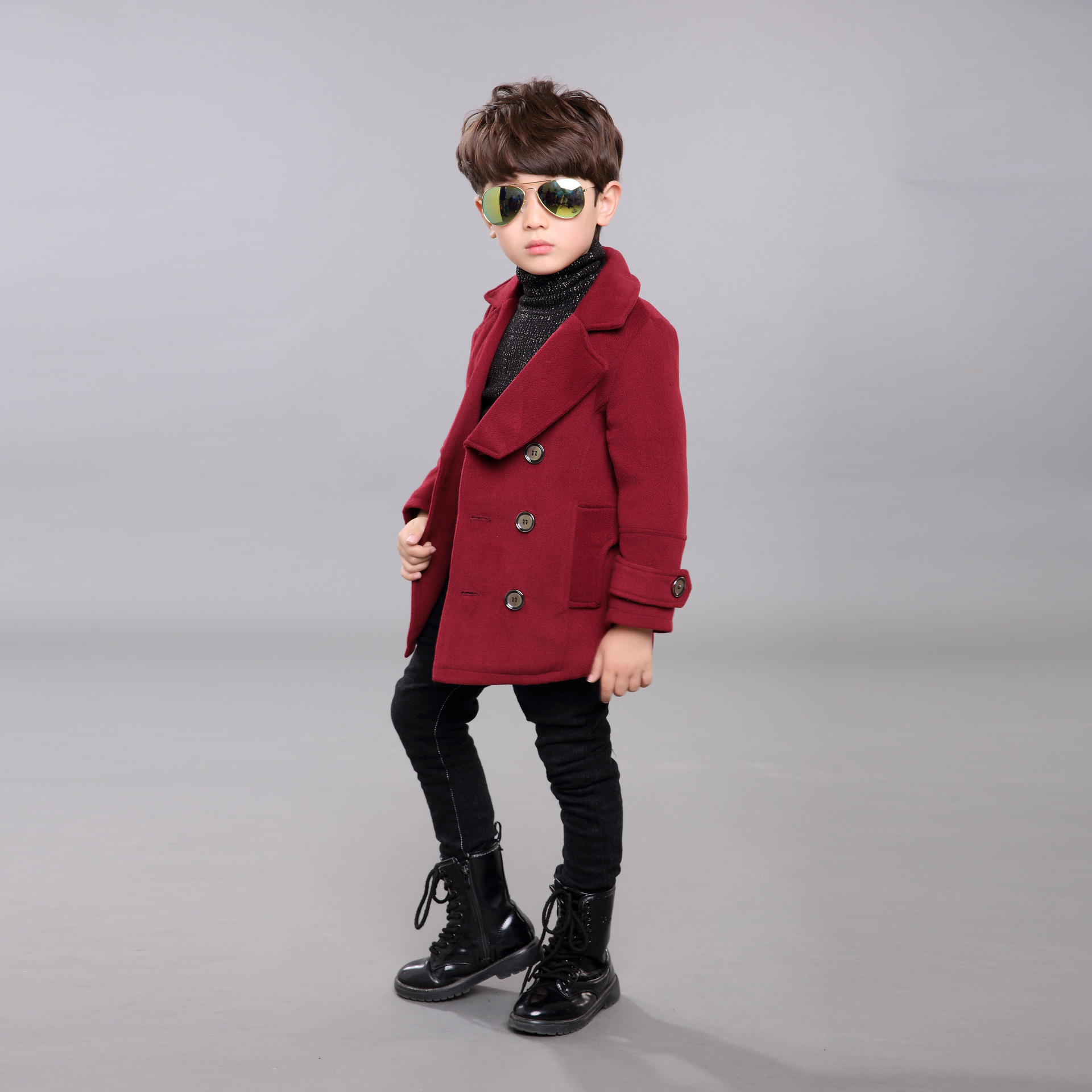 儿童装外套潮2015新款冬装童装男童韩版格子双排扣加绒呢大衣代发