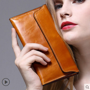 新款欧美时尚超薄大容量磁扣翻盖式真皮女士长款钱包皮夹子