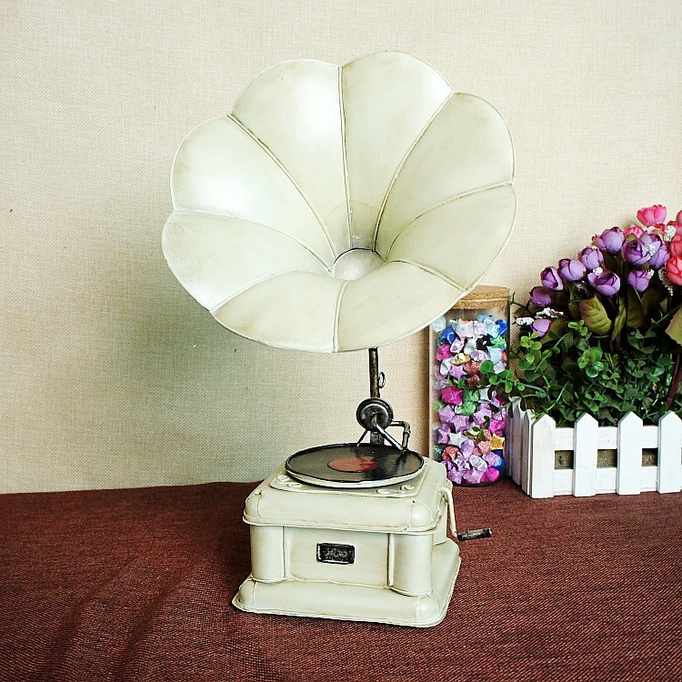 大气白色 做旧复古留声机模型 家居装饰品摆件留声机白色大中小