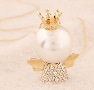 韩版清新简约小天使皇冠珍珠项链镶钻长款大珍珠吊坠毛衣链女饰品