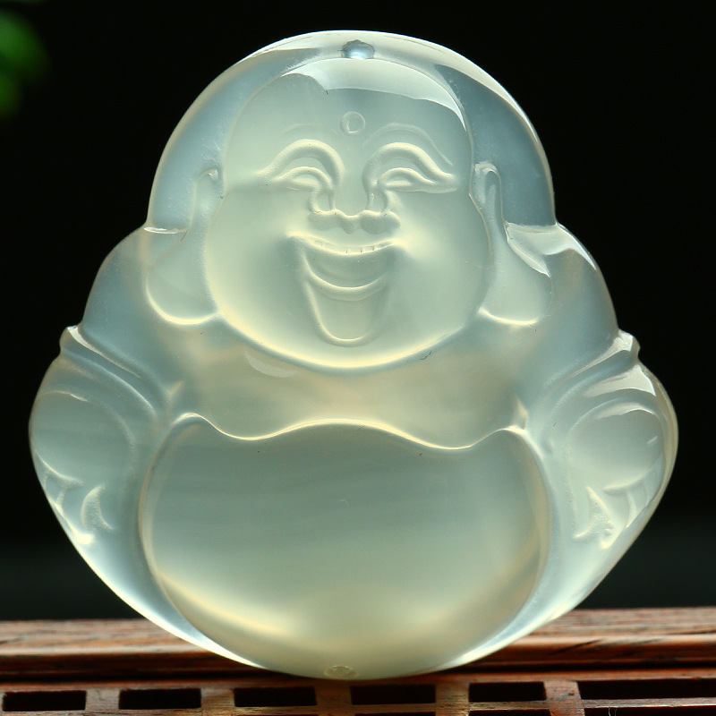 天然玉石水润冰透起荧光玉髓佛公吊坠 女款玉佛挂件特价
