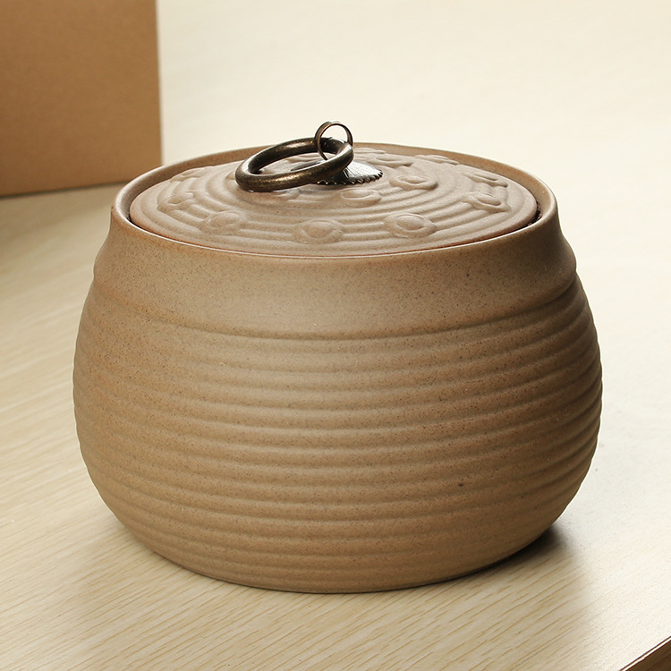 中逸 莲韵陶瓷茶叶罐 中号手工粗陶茶叶罐 普洱茶桶 茶叶包.