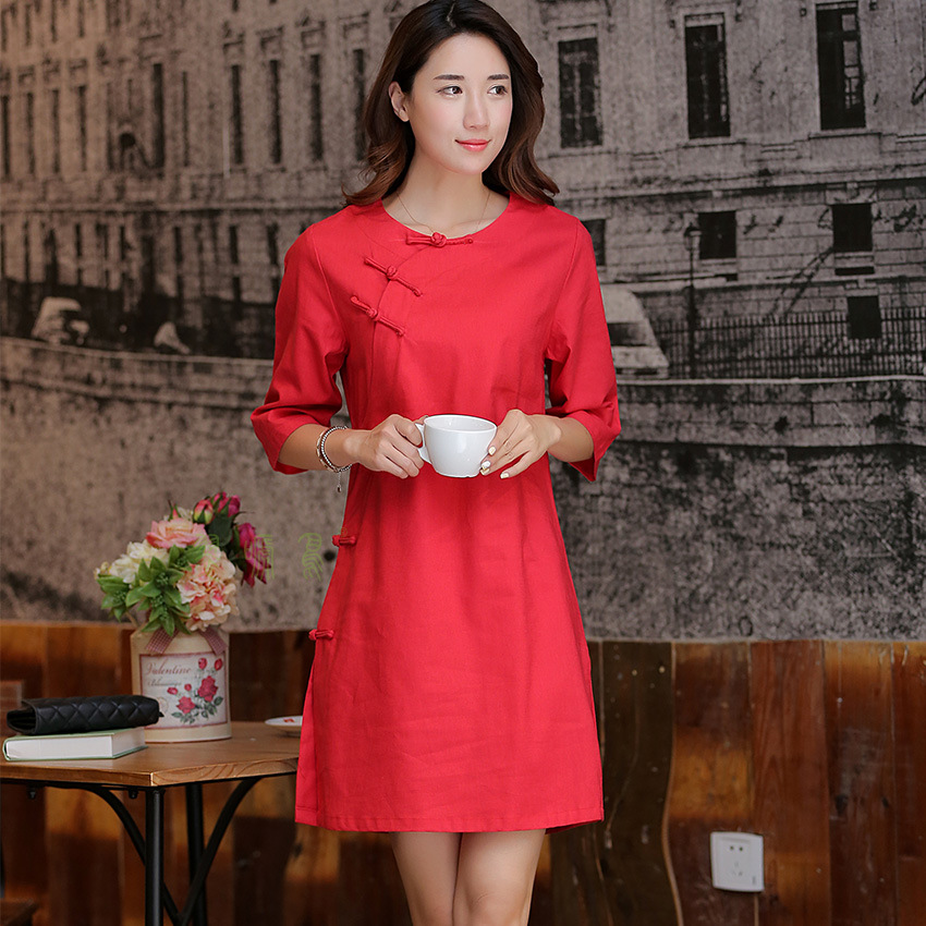 女圆领盘扣时尚大码长款改良复古棉麻修身民族风旗袍中式上衣唐装