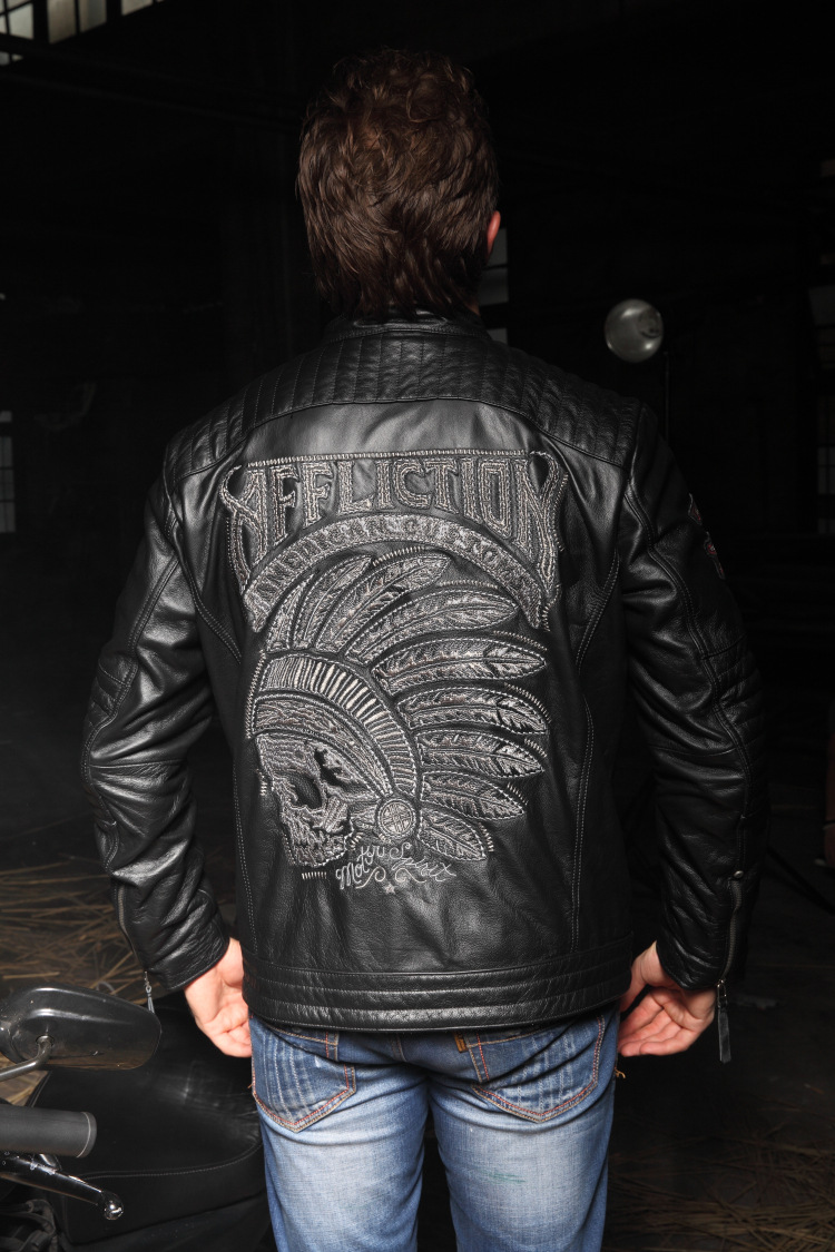 厂家直销 男款aff刺绣印第安头层牛皮皮衣 修身立领狂野机.