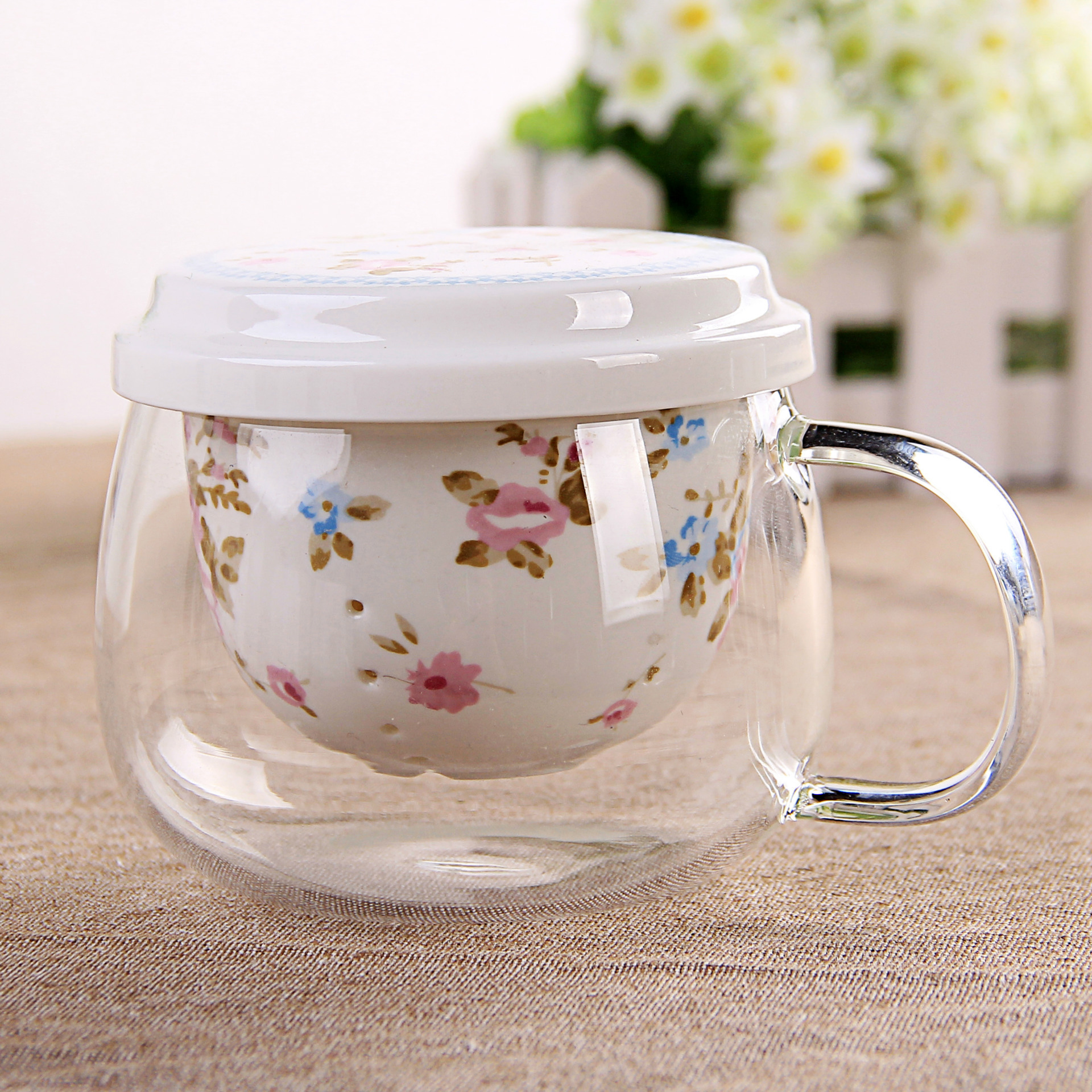 星峰礼品 陶瓷花茶杯创意透明过滤三件式 一件起批带盖泡茶杯子