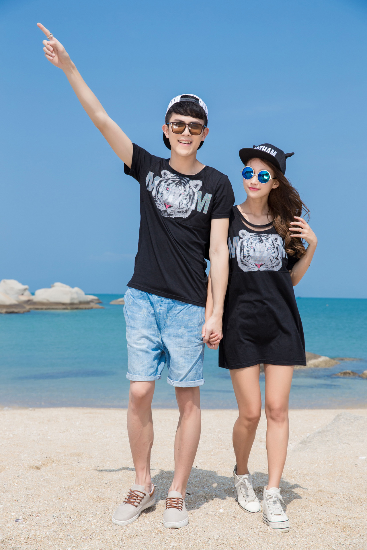 模特实拍 情侣装2015韩版时尚老虎头纱网新款男女短袖t恤hd8403