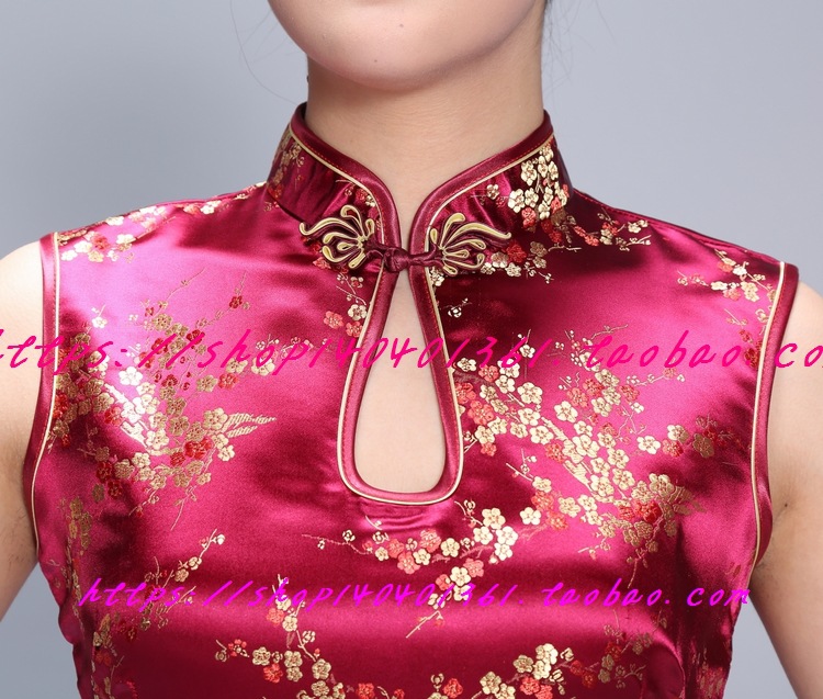 传统无袖性感连衣裙礼服演出服中式批发拍照梅花长款女装旗袍粉红