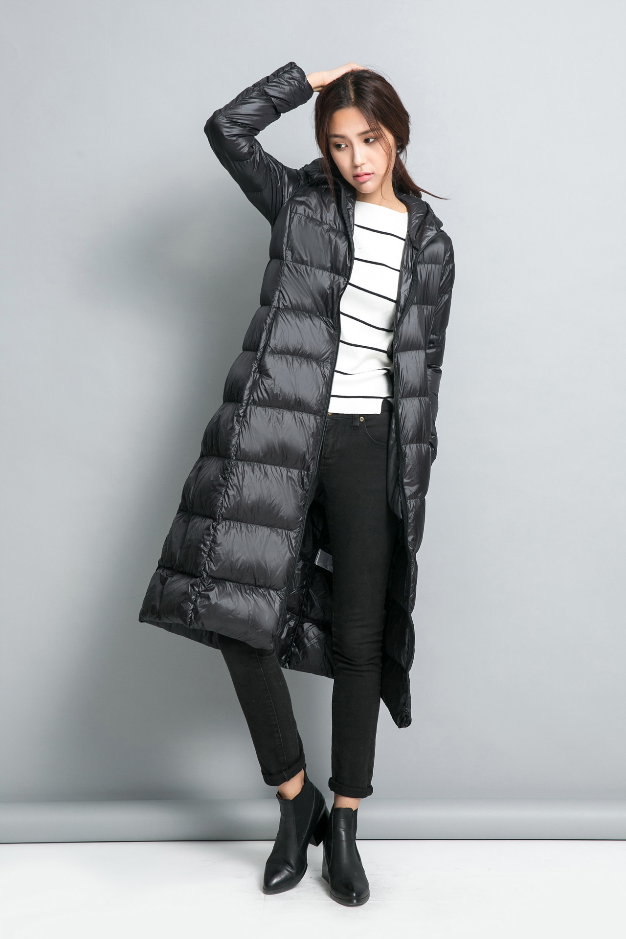 2016加长款羽绒服女超长过膝加厚款连帽纯色轻薄羽绒衣外套