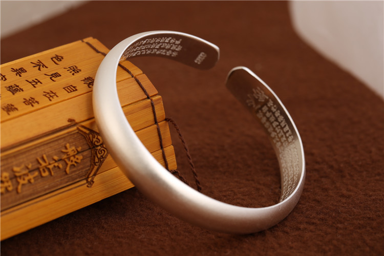 纯银心经手镯s999千足银磨砂光面底齐头开口手镯厂家**4.