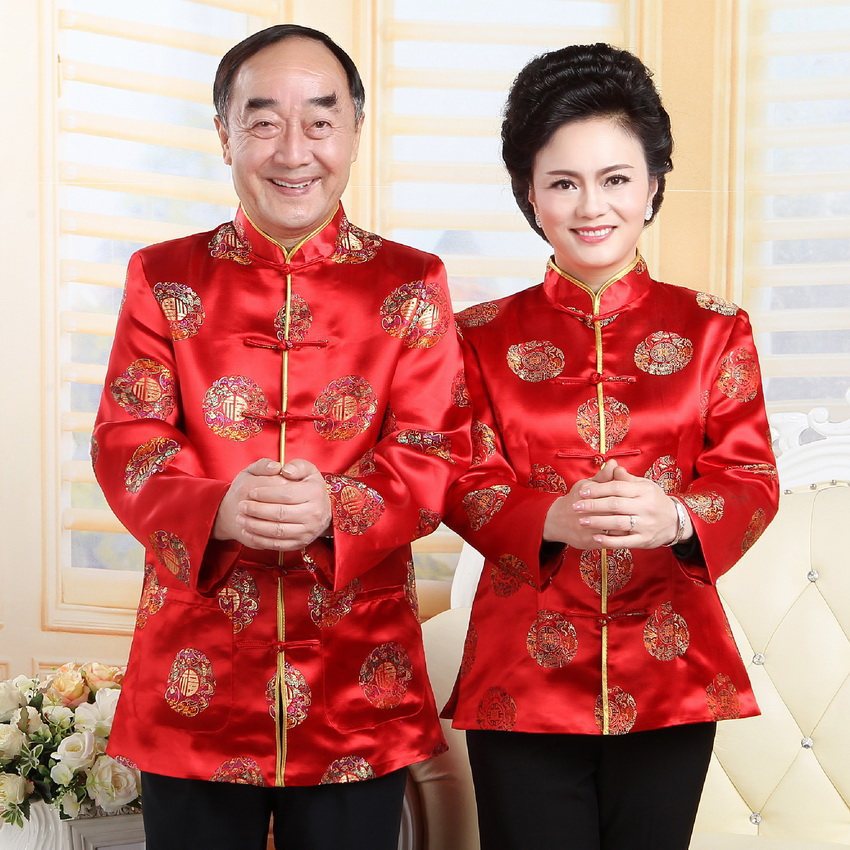民族风男女情侣唐装 新款中老年春秋长袖上衣外套喜庆礼服情侣装