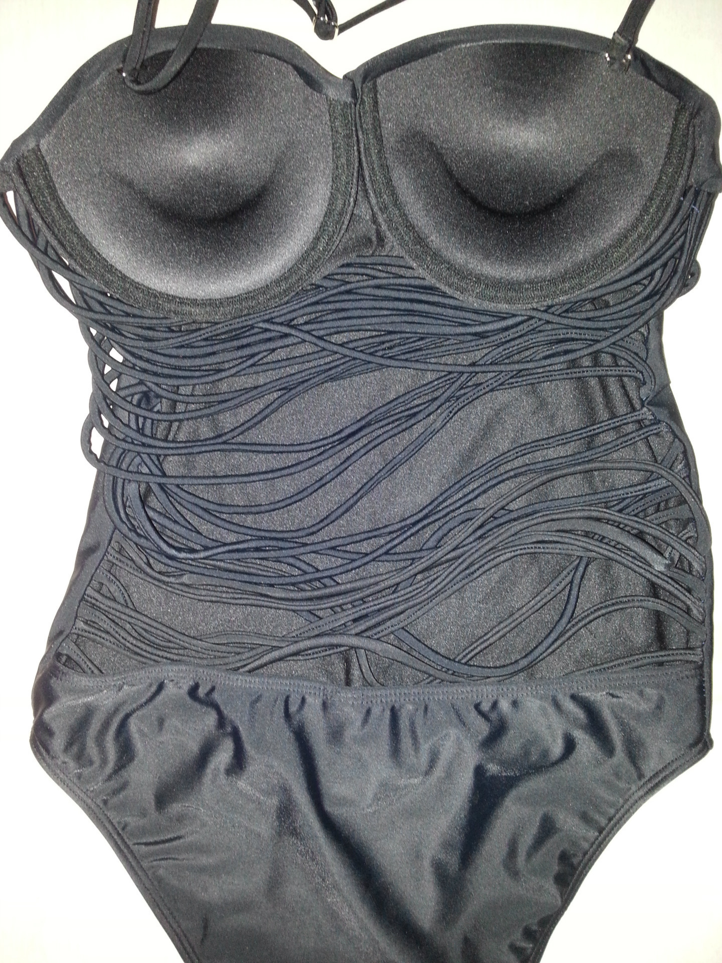 爆款欧美性感抽皱显瘦比基尼钢托连体泳衣多绳泳装