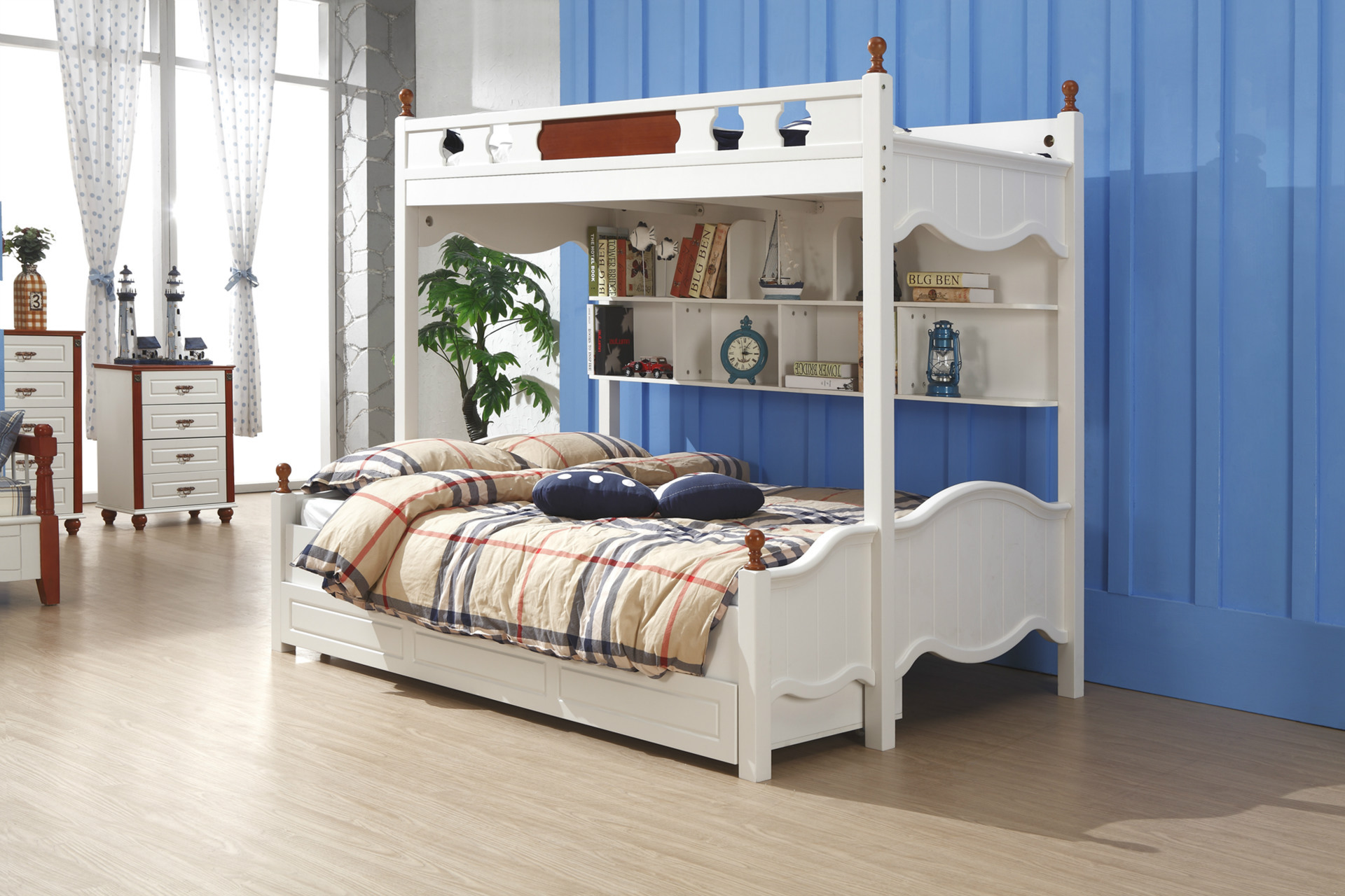 新款地中海系列子母床款式新颖质量保证板木结构1.5米儿童床
