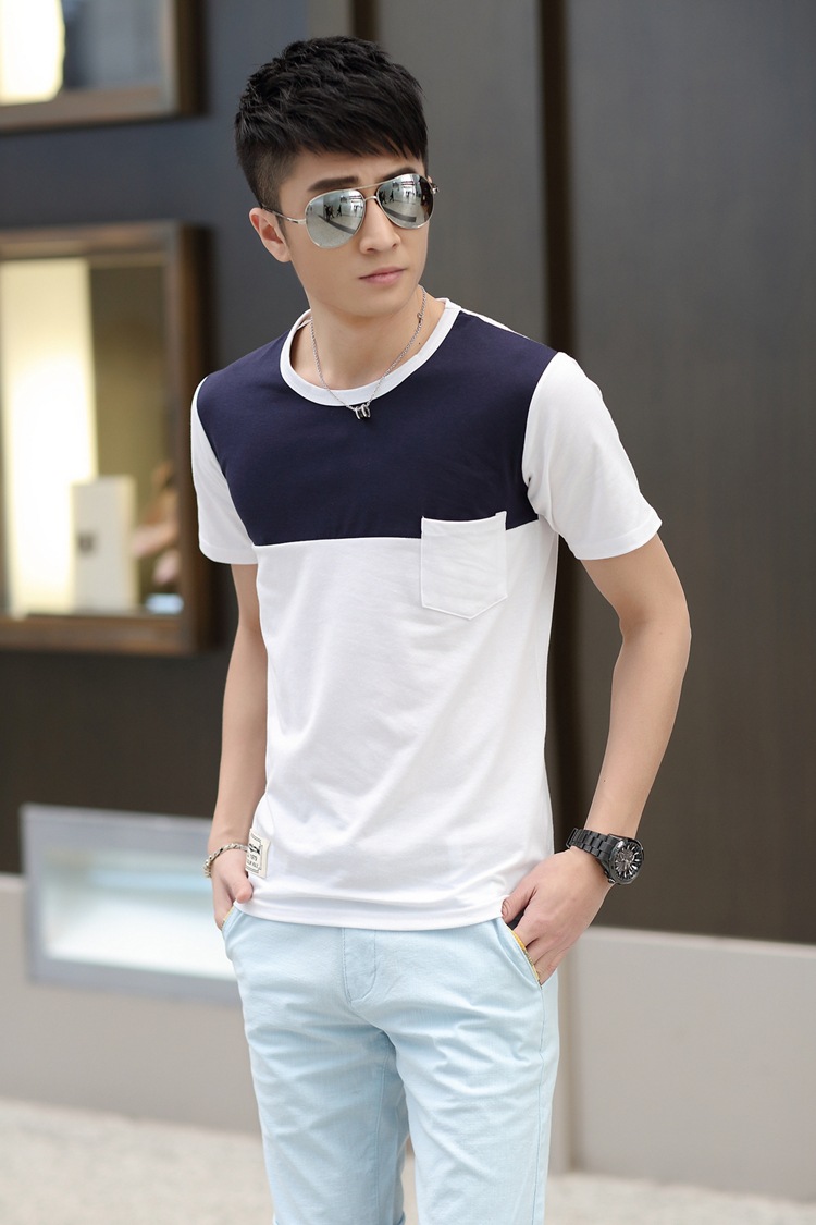 男士短袖t恤纯棉2015新款男t恤上衣服男装撞色拼接潮男夏装桖半袖
