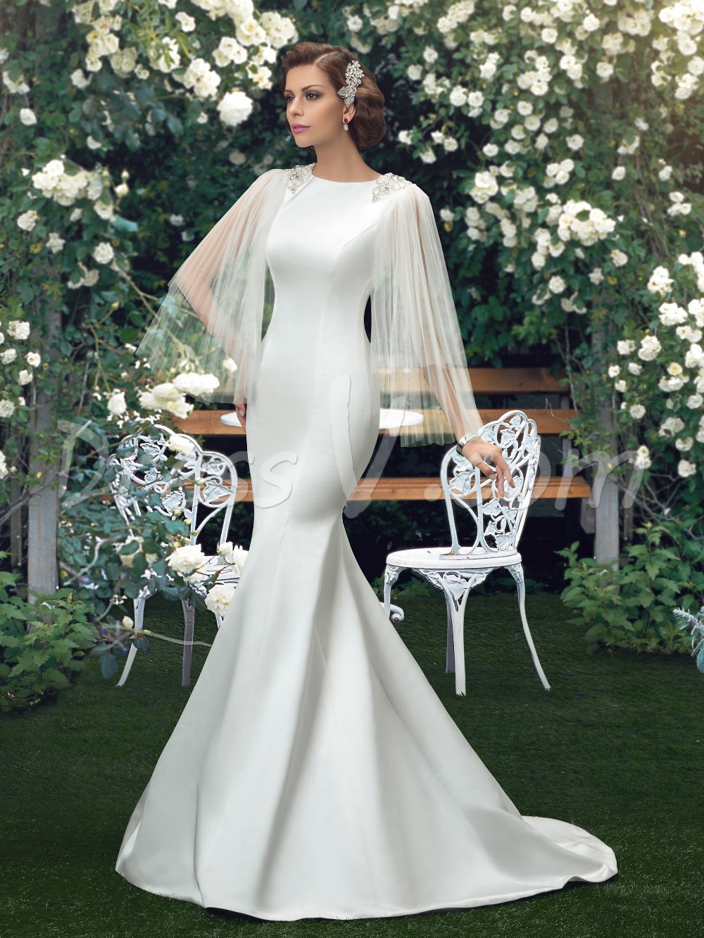 欧式鱼尾缎面婚纱圆领齐地修身美人鱼新娘婚礼礼服虎丘厂家直销