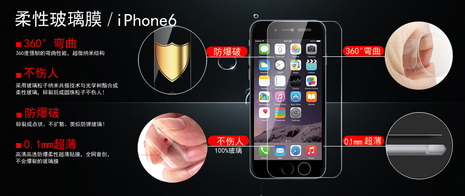苹果iPhone 6微晶玻璃膜 iPhone6 plus柔性玻璃膜 美枫手机防弹膜