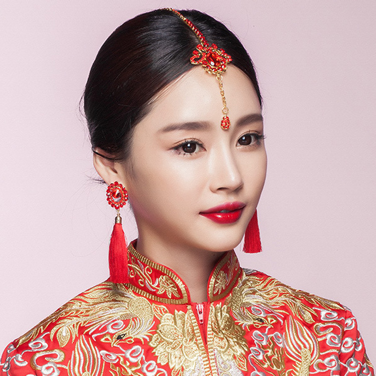 复古新娘额饰中国风头饰红色眉心坠发饰旗袍皇冠头饰婚纱礼服配饰