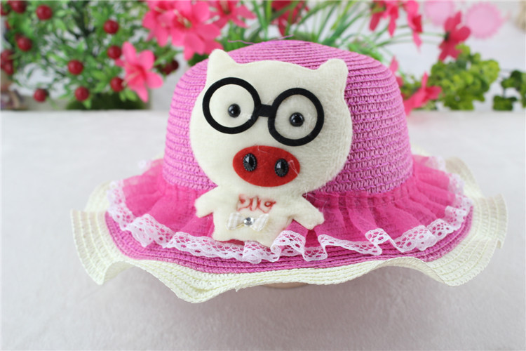 旅游草帽 儿童帽子 波浪卡通小猪女童遮阳帽