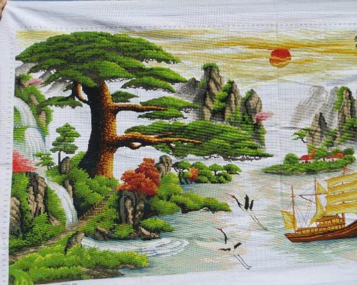 迎客松纯手工十字绣成品迎客松财运版帆船迎客松2.5米大款客厅画