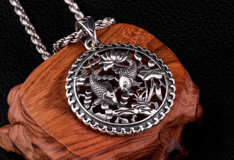 925银荷花鲤鱼吊牌 年年有鱼泰银吊坠 双鱼如意吉祥圆项坠批发