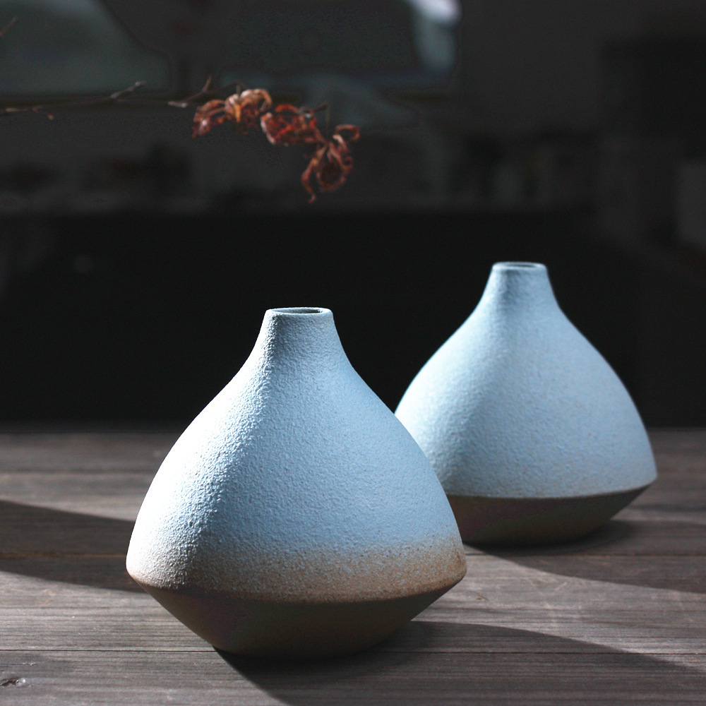 景德镇晴天纯手工拉坯陶瓷花瓶日式磨砂渐变简约摆饰蓝色花瓶