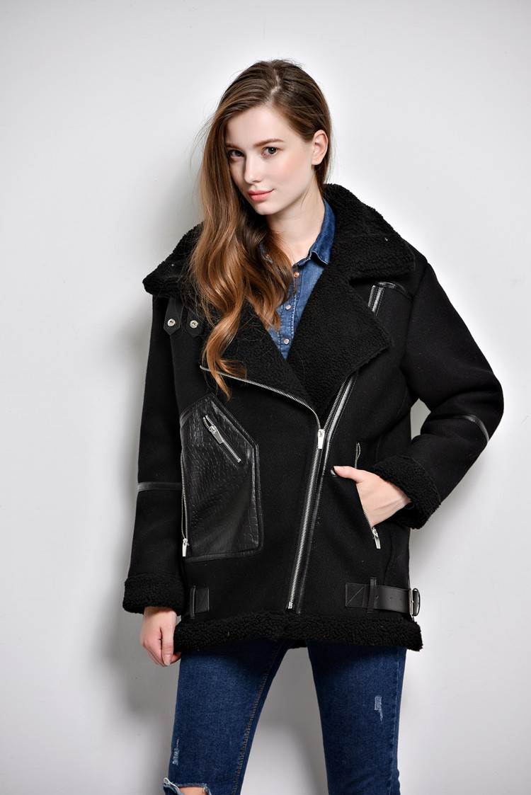 2017冬装新款欧美女装麂皮绒羊羔毛中长款机车大衣外套