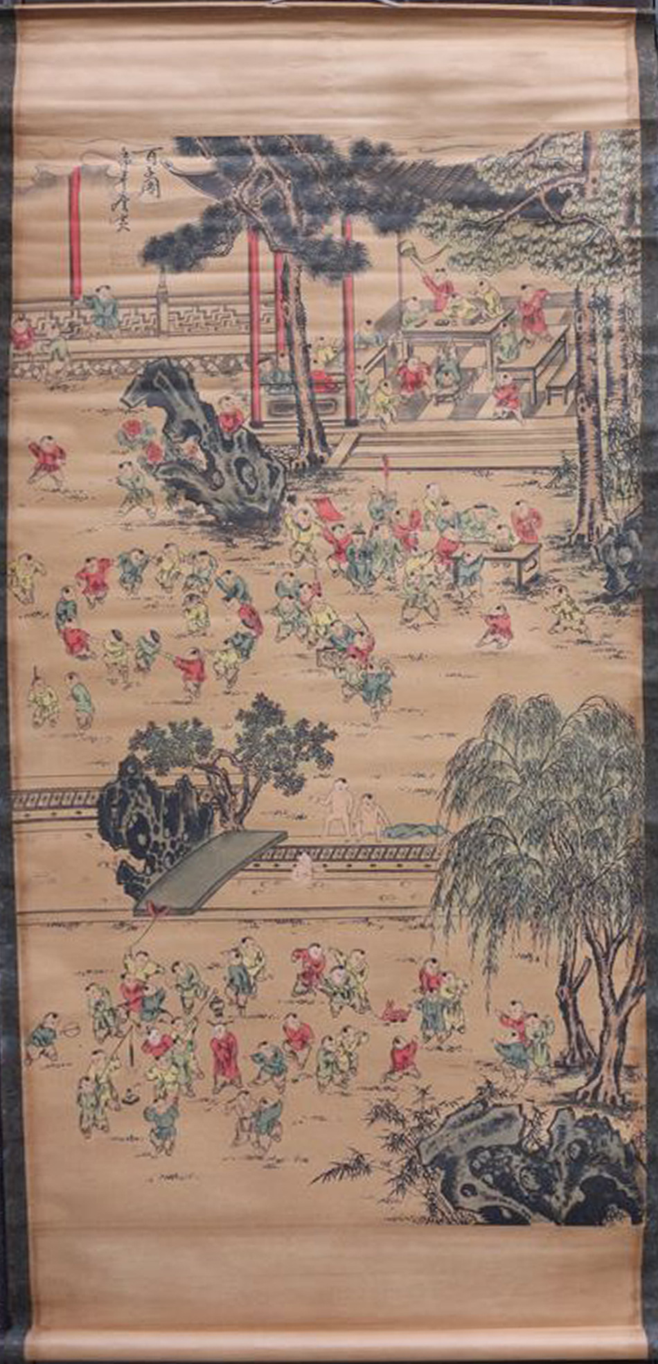 古玩批发仿古中堂挂画办公室牛皮纸百子图多子多福客厅装饰字画