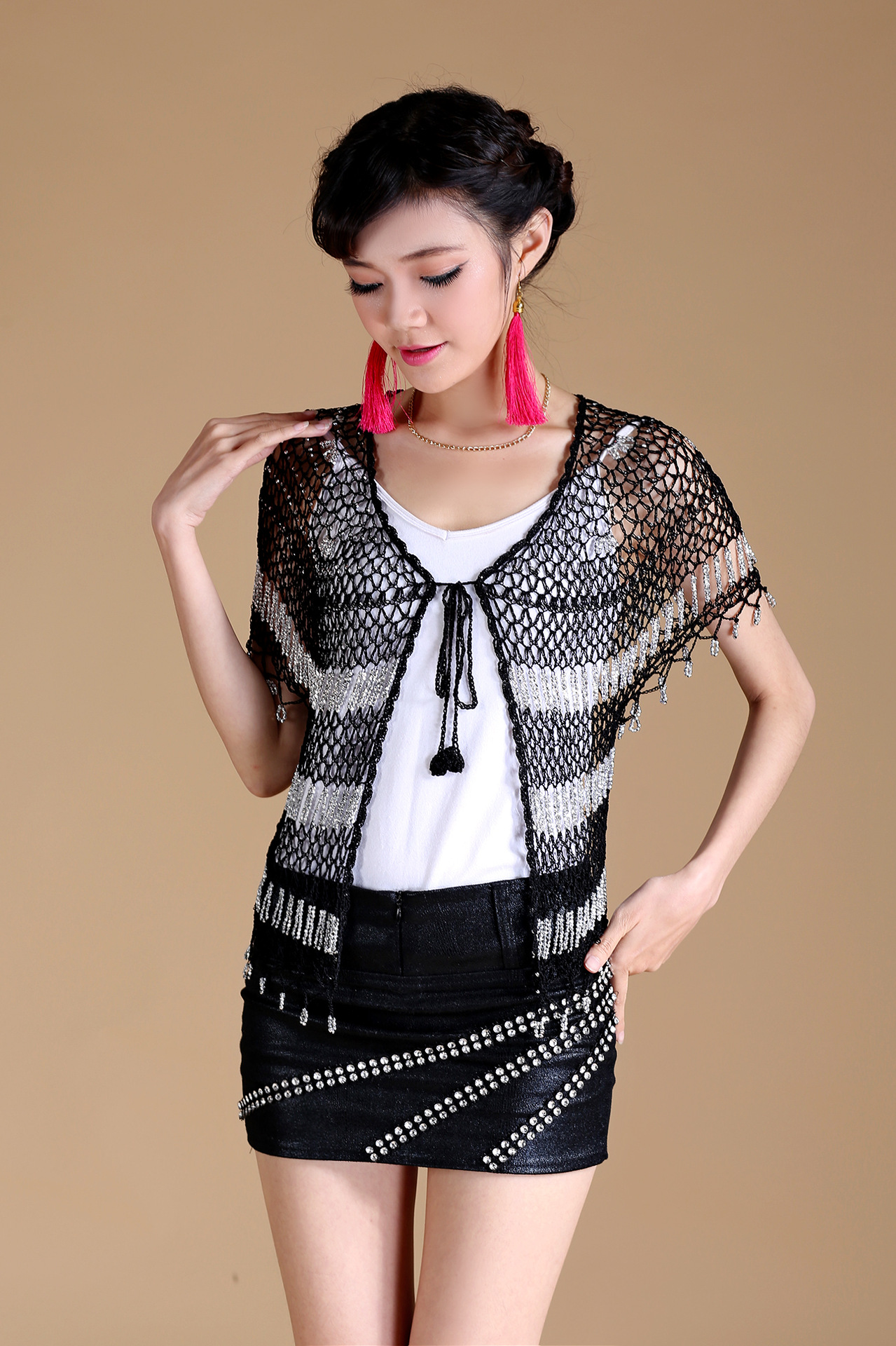 2015夏季新款韩版镂空网纱罩衫小开衫外套披肩短款针织衫毛衣 女