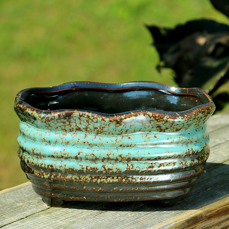 创意陶瓷流釉花盆 老桩粗陶多肉花盆 有孔多肉植物花盆批发