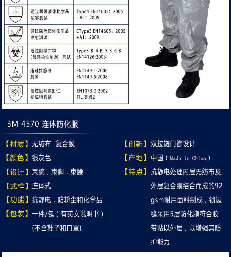正品3m4570连体带帽防护服 防尘防静电液体喷溅高性能防化服批发