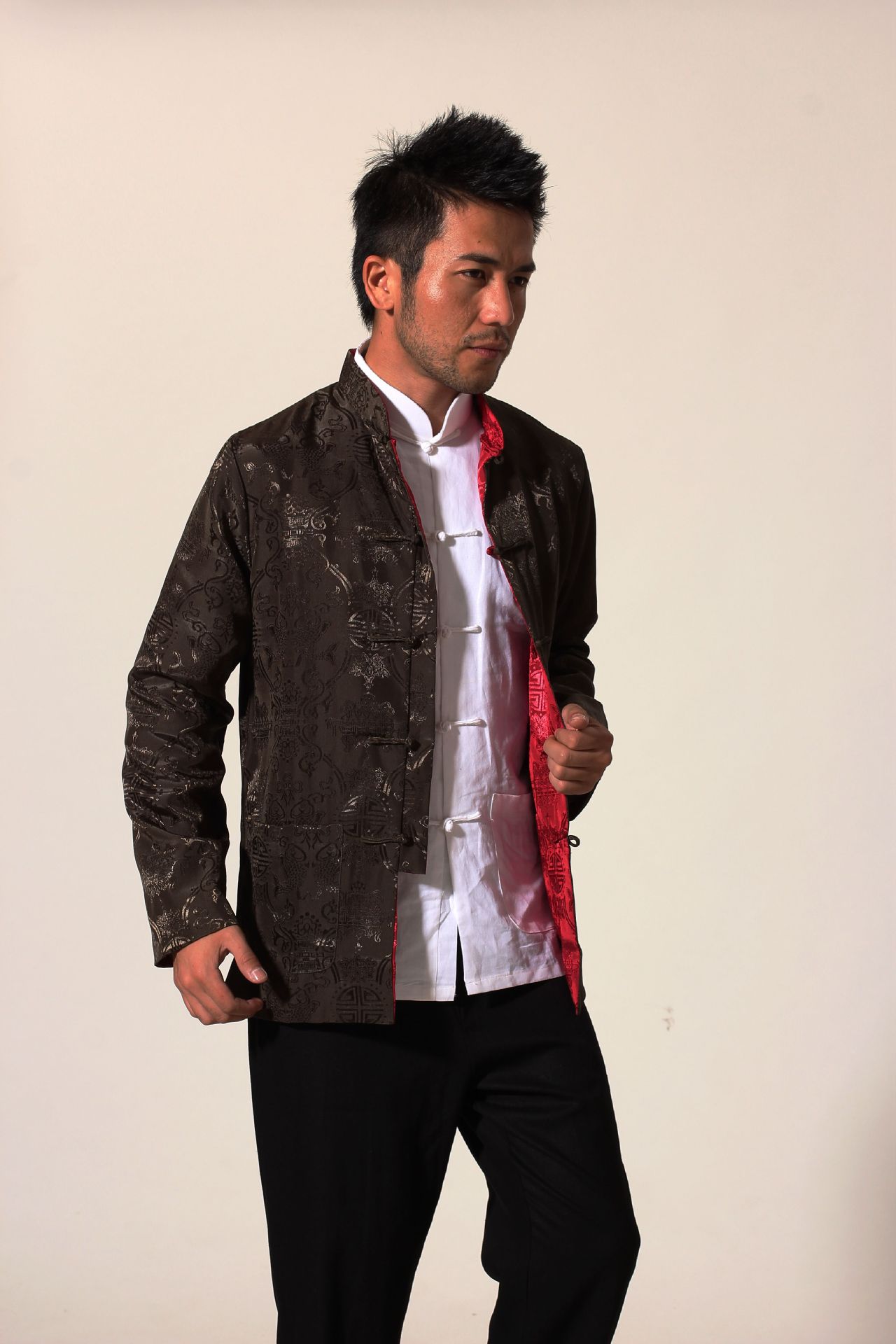 唐装男长袖改良复古男士唐装男丝绸双面日常时尚春秋冬男长袖唐装