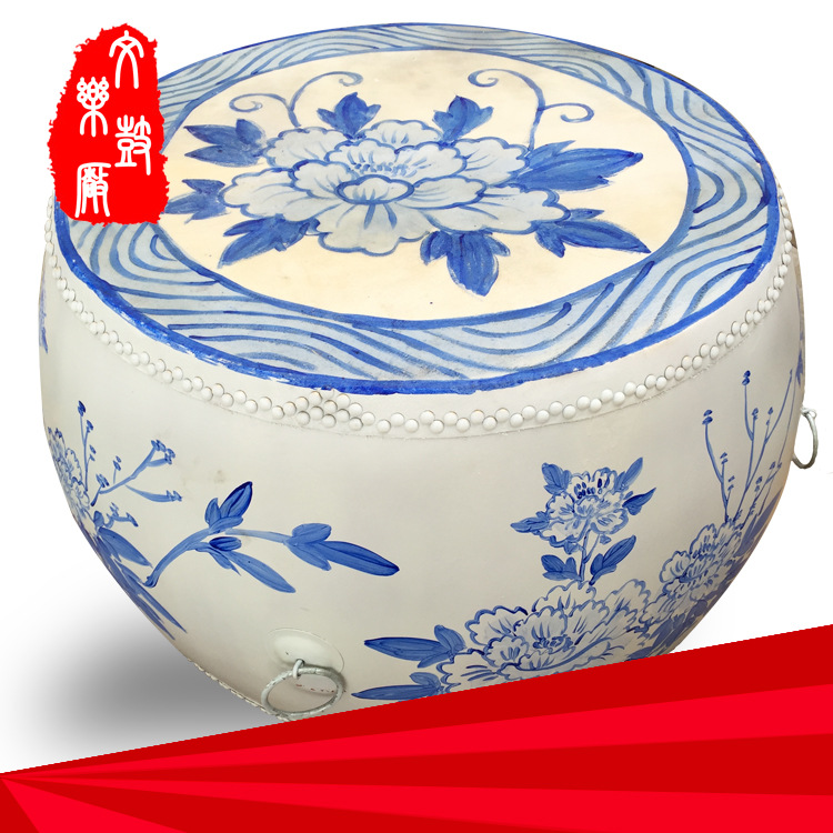 文乐鼓厂 厂家直销 仿古 优雅 18寸青花瓷鼓 牛皮大鼓 工艺演出鼓