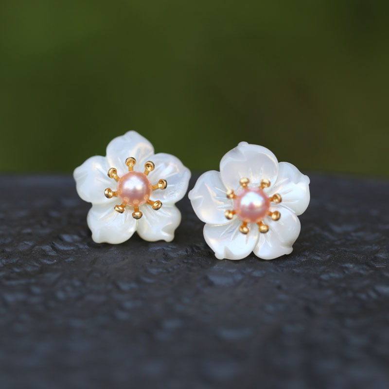 韩版s925纯银针贝壳花珍珠耳饰耳钉耳环批发预定15后发货