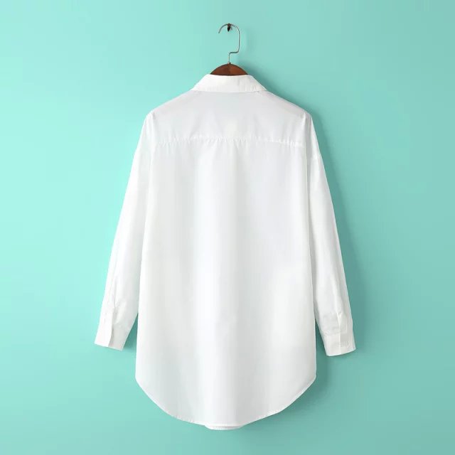 2015秋装新款 韩系时尚风简约纯色素雅知性气质宽松长款白衬衫