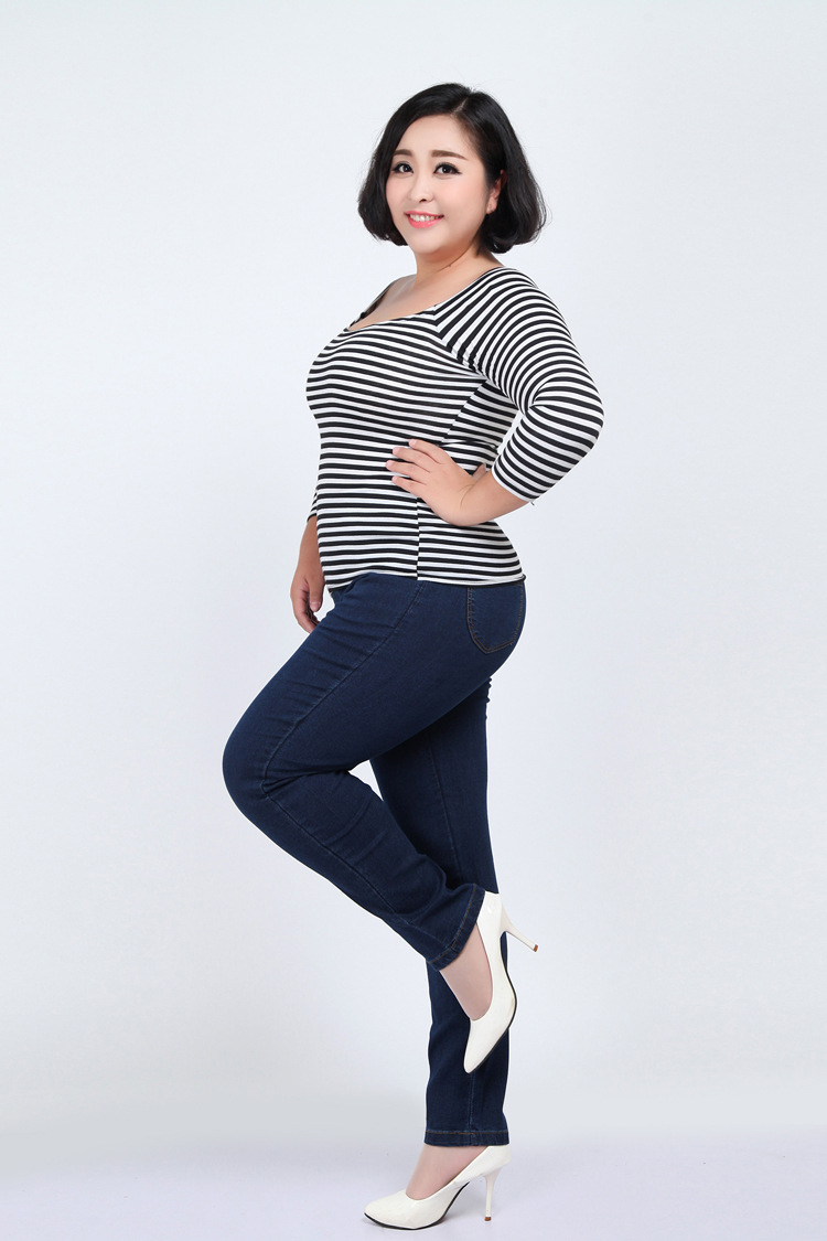 胖mm加肥加大女裤200斤特大码女装高腰牛仔裤长裤显瘦小脚铅笔