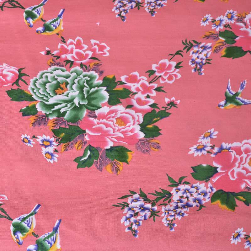 怀旧古典东北大花布纯棉斜纹印花棉布布料面料 桃红底小牡丹花