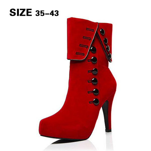 现货 35-43速卖通新款大码外贸欧美绒面排扣子高跟短靴红色女棉靴