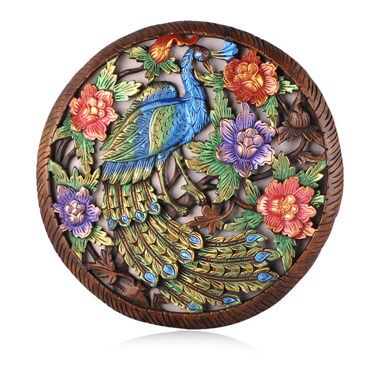 泰国工艺品 60cm圆形孔雀实木雕花板 镂空酒店家居装饰雕花版1023
