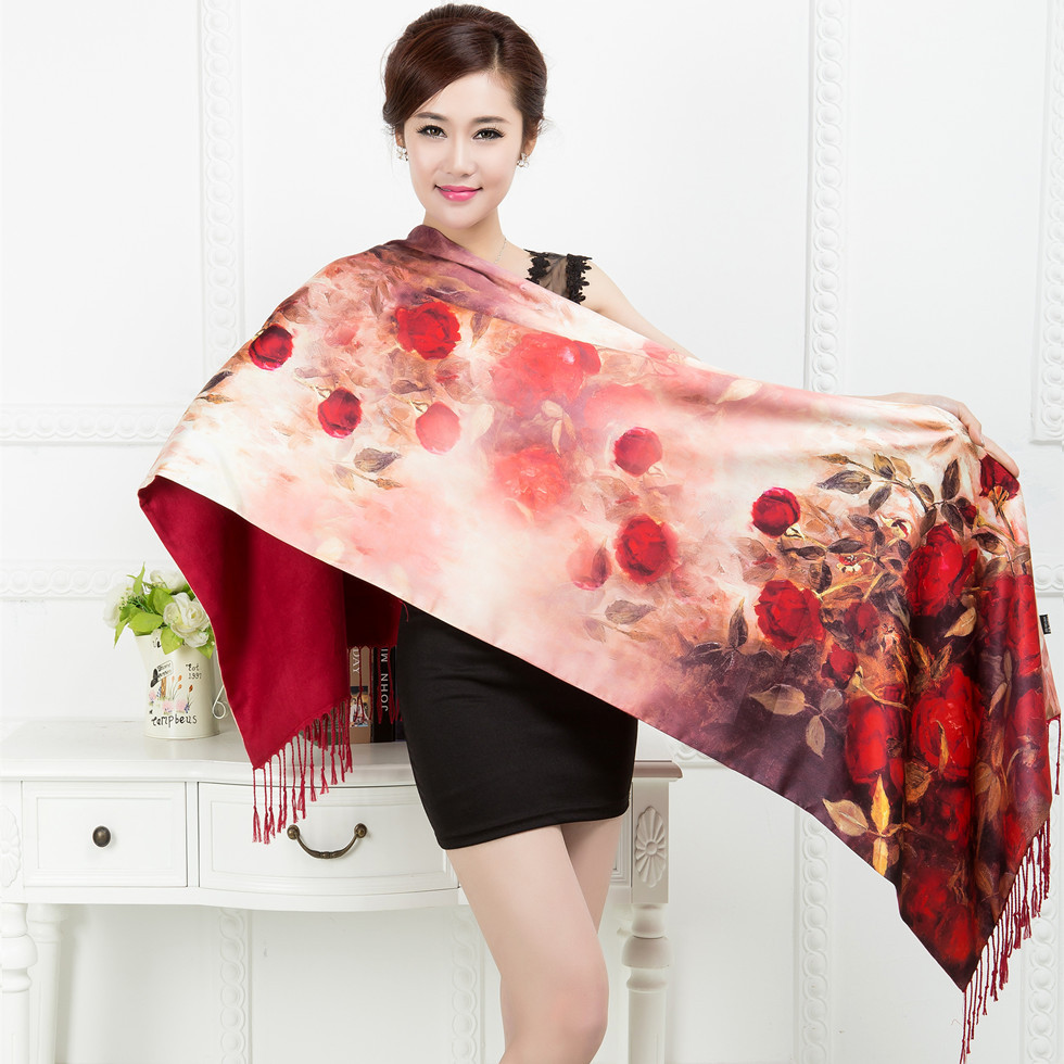 秋冬真丝拉绒围巾旗袍披肩两用加厚双层披风数码喷绘现货批发