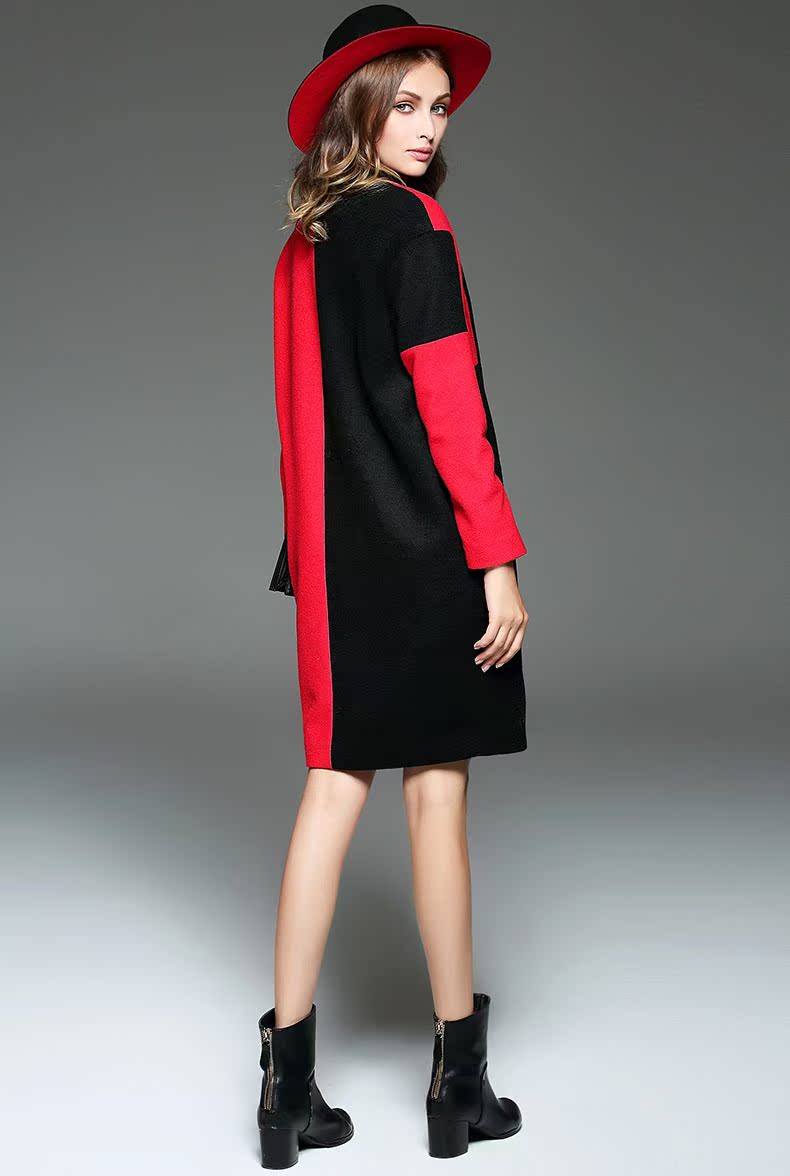 秋冬新款 欧美个性 摩登时尚撞色拼接气质羊毛大衣