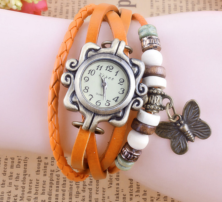 欧美时尚复古蝴蝶手链表 学生手工编织真皮表带吊坠女士手表 女表
