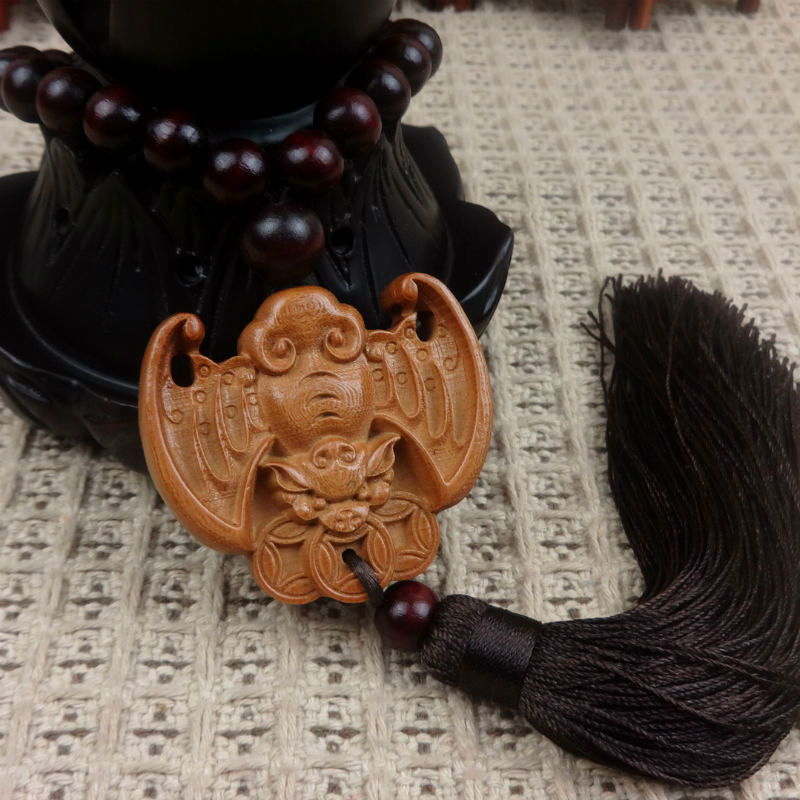 桃木雕刻 配珠汽车挂件 木雕蝙蝠车挂 吊坠饰品挂饰免费刻字