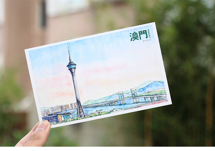 澳门手绘明信片 中国风景手绘创意明信片贺卡卡片 特色旅游纪念品